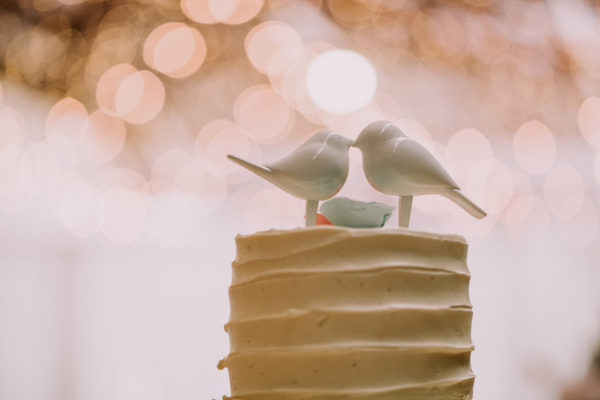 White buttercream cake with kissing birds on top
